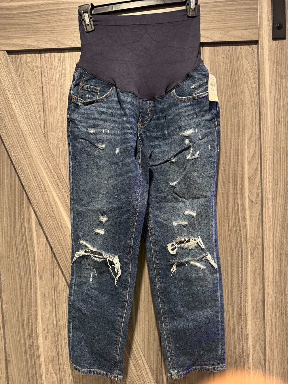 Maternity Distressed Dark Blue Denim Jeans with Stretch Waist